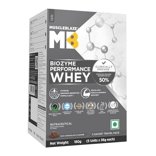 MuscleBlaze Biozyme Performance Whey Protein Powder 5 Sachet Travel Pack, Rich Chocolate (5x36g) | 25g Protein Per Scoop | Clinically Tested 50% Higher Protein Absorption