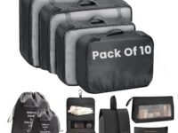 OCEANEVO Mesh Set of 10 Pieces Packing Cubes Organiser for Travel, Suitcase includes 2 Drawstring Bags, Shoe Bag and Toiletry Bag with Hook - Set of 10 - Black, 32 x 11 cm