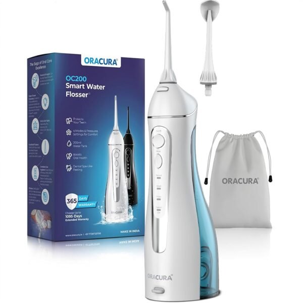 ORACURA® Smart PLUS Water Flosser® OC200 LITE White with 2 Nozzle tips | Portable & Rechargeable | Custom 8 Water Pressure Settings | 200ml Water Tank Capacity | IPX7 Waterproof | 365 Days Warranty