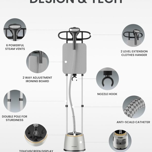 OWNAIR Standing Iron Steamer For Clothes | 2000W Standing Garment Steamer with 1.5L Water Tank, LED Touch Screen, 42g/min Steam, 8 Heat Modes & Adjustable Ironing Board | Vertical & Horizontal Iron