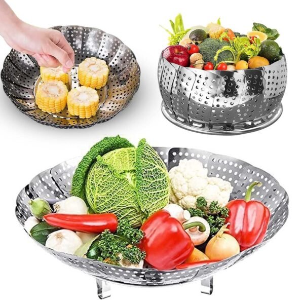 PANCA Stainless Steel Vegetable Fruit Steamer Punching Food Drain Bowl Basket Stainless Steel Steamer (Steamer Basket), 1.5 L, 1.5 Liter, 15 Cm, Silver