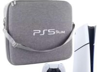 PSS Travel Bag for PS5 Slim Console and 2 Controller, Cary Cash for PS5 Slim Compatible, Waterproof EVA Hard Protective Bag with Handle Strap for PS5 Slim Accessories Only Bag (Grey)