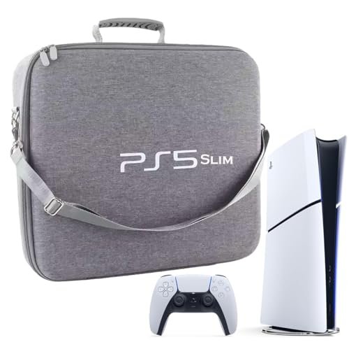 PSS Travel Bag for PS5 Slim Console and 2 Controller, Cary Cash for PS5 Slim Compatible, Waterproof EVA Hard Protective Bag with Handle Strap for PS5 Slim Accessories Only Bag (Grey)