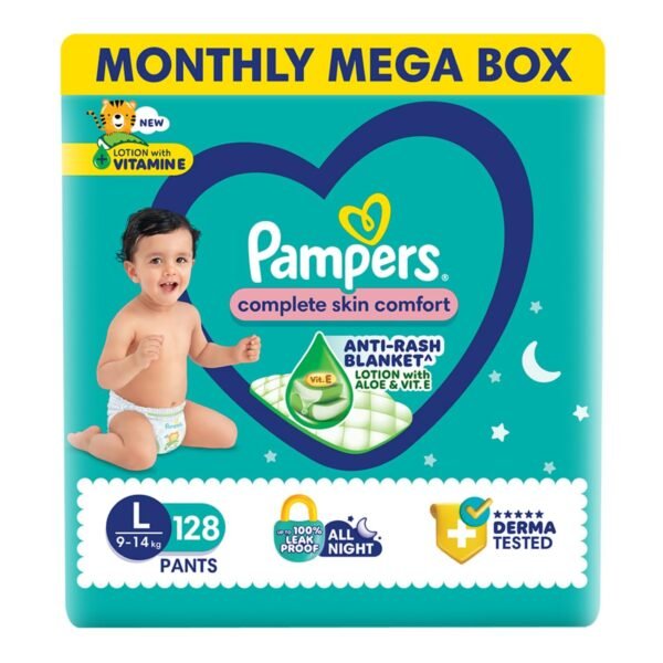 Pampers Complete Skin Comfort | Pant Style Diaper Large, 128 Count| Anti Rash with 100% protection from leakage upto 12 hrs