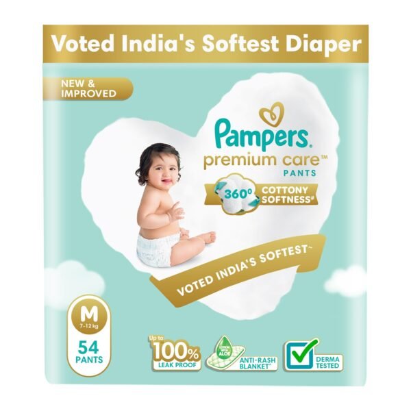 Pampers Premium Care Pant Style Baby Diapers | Medium (M size) | 54 Count | Voted India's Softest | All-in-1 with 360 Cottony Softness Diapers | 7-12kg