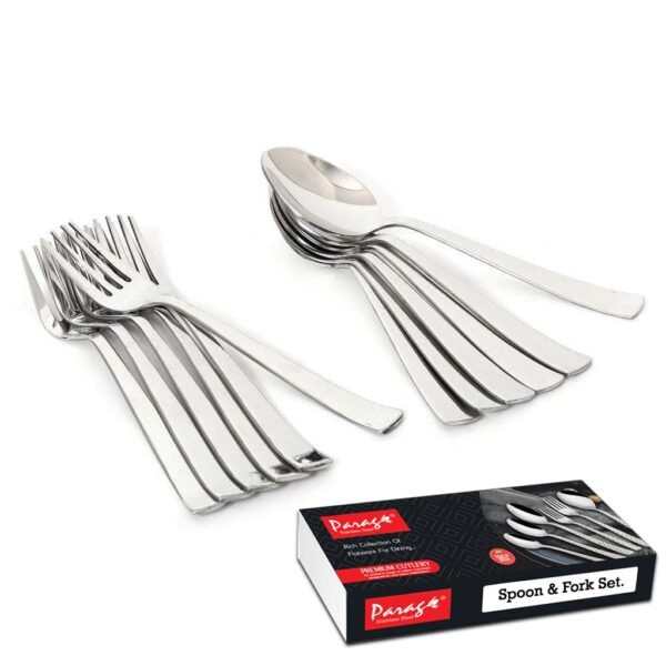 Parage Stainless Steel Spoon Set & Fork Set 12 Pieces for Tea, Coffee, Sugar, Condiments & Spices - Set of 12 Contains Spoons Set of 6 Spoon and Fork Set of 6, Mirror Polished
