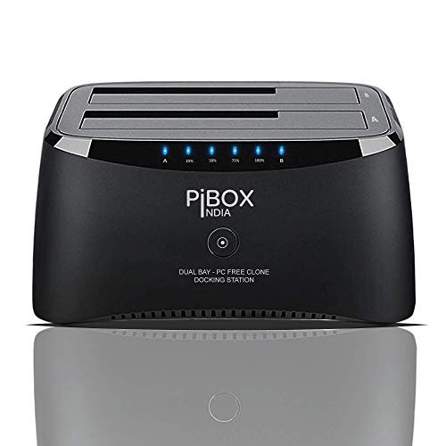 PiBOX India, Dual Bay USB 3.0 to SATA I, II, III Hard Drive Docking Station Upto 12TB for 2.5 or 3.5in HDD, SSD with Hard Drive Duplicator Offline Clone and Auto Sleep and UASP - Top-Loading Design