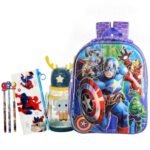 Polyester Superhero School Bag for Boys with Calculator Pencil Box Stationery Combo Set for Kids School Supply Gifts Set (Set of 7), Blue