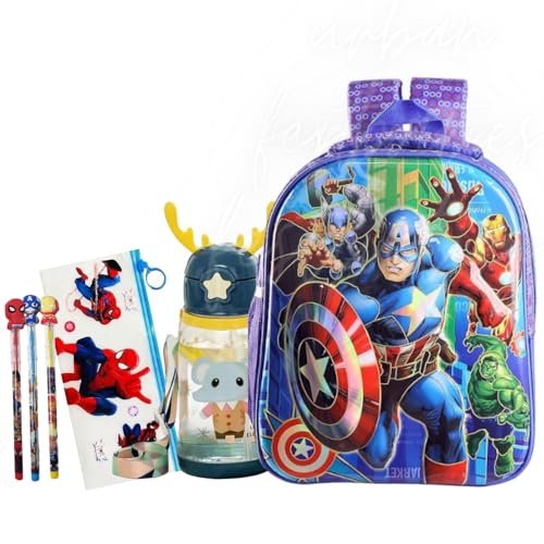Polyester Superhero School Bag for Boys with Calculator Pencil Box Stationery Combo Set for Kids School Supply Gifts Set (Set of 7), Blue