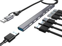 Portronics Mport 7 USB Hub Dock(7-in-1), Multiport Adapter with Dual Convertible USB & Type C Heads, Upto 5 Gbps Data Transfer Speed, 1 x USB 3.0 & 6 x USB 2.0 Ports for Laptop, MacBook, PC (Grey)