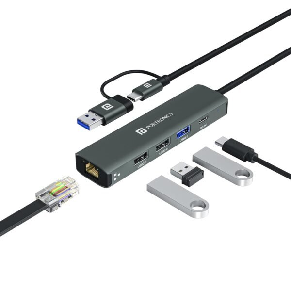 Portronics Mport Edge,5 Ports Dual USB Hub Dock, Superfast USB 3.0, High Speed 2.0, Type-C 5V2A Port, 100 Mbps RJ45 Ethernet, Versatile & High-Speed Connectivity Hub for Laptops & Desktops (Grey)