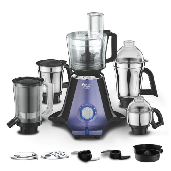 Preethi Zodiac Glitter Mixer Grinder+Food processor I 750 Watt I 2yr Guarantee & Lifelong Free Service I 5 Jars (3 Stainless steel Jars +1 Juicer Jar+1 Master Chef Plus Food processor Jar)-MG 264,