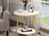 Priti Gold End Table, 2 Tier Faux Marble Side Table with Storage Shelf, Modern Round Nightstand Bedside Table Coffee Accent Table for Living Room Bedroom Small Space, White and Gold