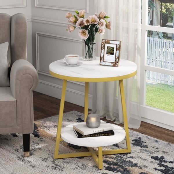 Priti Gold End Table, 2 Tier Faux Marble Side Table with Storage Shelf, Modern Round Nightstand Bedside Table Coffee Accent Table for Living Room Bedroom Small Space, White and Gold