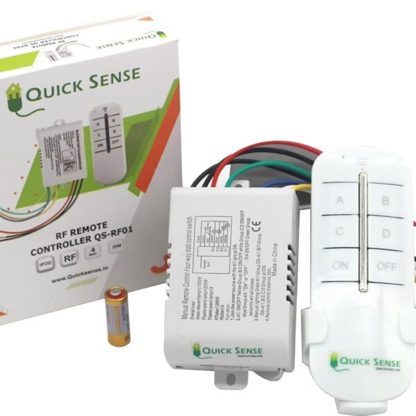 Quick Sense (QS-RF01) 4-Way RF Remote Control Switch – Wireless Remote Operated Light & Fan Controller, Standard Size Smart Switch for Home, Office & Automation