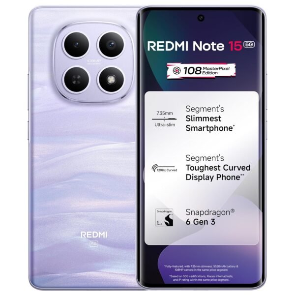 REDMI Note 15 5G (Mist Purple, 8GB RAM 128GB Storage) | 108MP OIS Camera | Snapdragon 6 Gen 3 | 17.2cm Tough Curved AMOLED Screen | Segment’s Slimmest Phone | 5520mAh Si/C Battery | 45W Fast Charging
