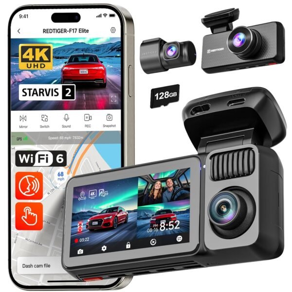 REDTIGER F17 Elite 4K 3 Channel Dash Cam for Car, STARVIS 2 IMX678 & IMAX 675, 4K+2.5K+1080P Front and Rear Inside, Full Night Color, GPS, 5.8GHz WiFi, Touch Screen, HDR, Voice Control, 128GB Card