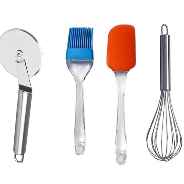 REGIUS Stainless Steel Pizza/Sandwich Cutter, Egg Whisk Hand Blender, Silicone Spatula/Palta & Oil Brush Combo Set for Home & Kitchen Use| Set of 4