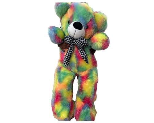 Rainbow Tie Dye Teddy Bear Plush Toy, 35 cm x 25 cm, Soft Stuffed Animal with Checkered Bow