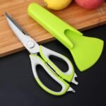 Raksha Retail Kitchen Scissors Stainless Steel Shears Heavy Duty 10 in 1 Household Scissors with Magnetic Holder for Chicken, Fish, Seafood, Cutter, Peeler, Opener, Slicer (Set of 1), Multicolor