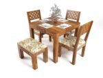 Ramdoot Furniture Solid Sheesham Wood Dining Table Set 4 Seater | Four Seater Dining Table 4 Seater with 3 Cushion Chairs & 1 Bench for Living Room | 4 Seater Dining Set for Hotel Restaurant | Honey