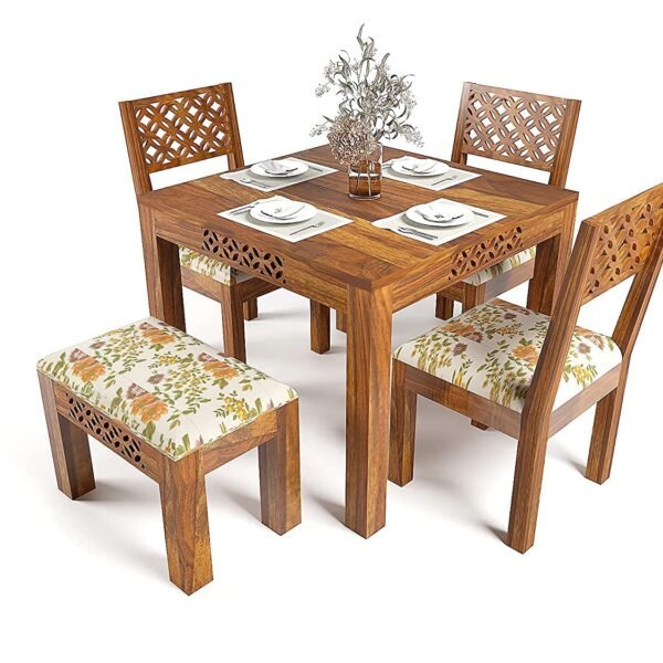 Ramdoot Furniture Solid Sheesham Wood Dining Table Set 4 Seater | Four Seater Dining Table 4 Seater with 3 Cushion Chairs & 1 Bench for Living Room | 4 Seater Dining Set for Hotel Restaurant | Honey