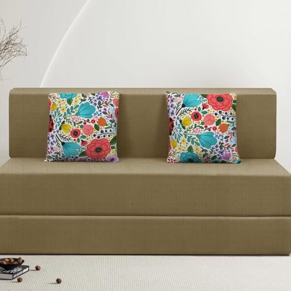 Rosebell Foldable Two Seater Sofa Cum Bed, Sofa Bed 4 X 6 Feet, Jute Fabric- Washable Cover- Including 2 Cushion Perfect for Home & Office for Guests(Golden Color)