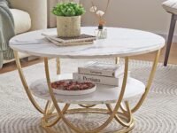 Round Gold Coffee Table,2 Tier Coffee Tables for Living Room,Circle Coffe Table with Storage Modern Center Tea Table Wooden Faux Marble Top Metal Legs Accent Table (Gold White)