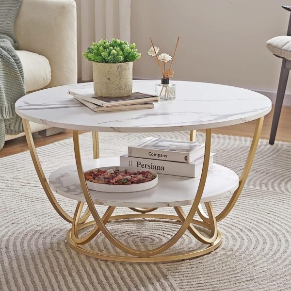 Round Gold Coffee Table,2 Tier Coffee Tables for Living Room,Circle Coffe Table with Storage Modern Center Tea Table Wooden Faux Marble Top Metal Legs Accent Table (Gold White)