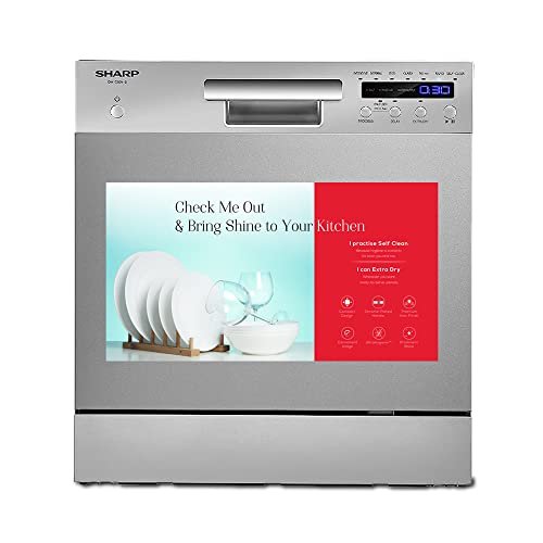SHARP 8 Place Setting Table-Top Dishwasher (Self-Clean Mode, 4-Step Wash Cycles, Extra Dry Feature, LED Digital Display, Chrome Handle), Free 1 Year Extended warranty