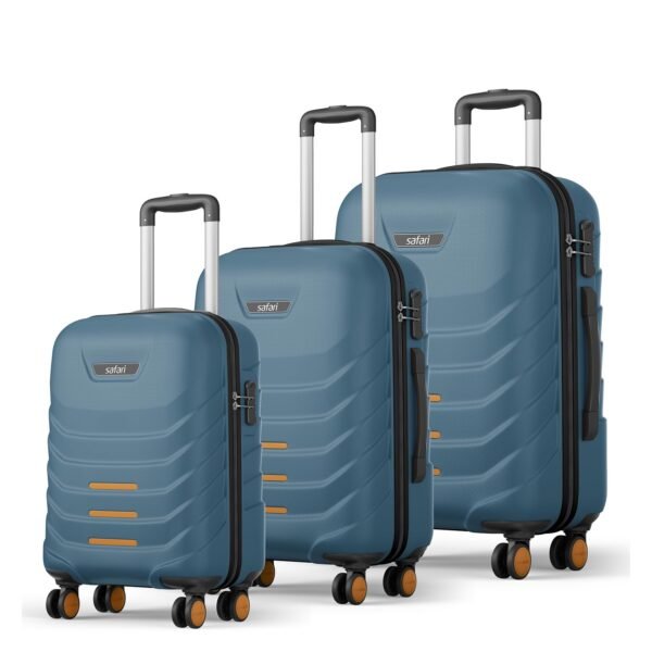 Safari Crescent 8 Wheels Set of 3 (Cabin + Medium + Large) Trolley Bags Hard Case Polycarbonate 360 Degree Wheeling Luggage Suitcase, Ink Blue