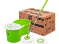 Scotch-Brite Twin Bucket Spin Mop with Easy Wring & Rinse System, 360° Adjustable Handle, High Absorbency Microfiber for Deep Cleaning on All Floor Types, 1 Extra Refill (Green)