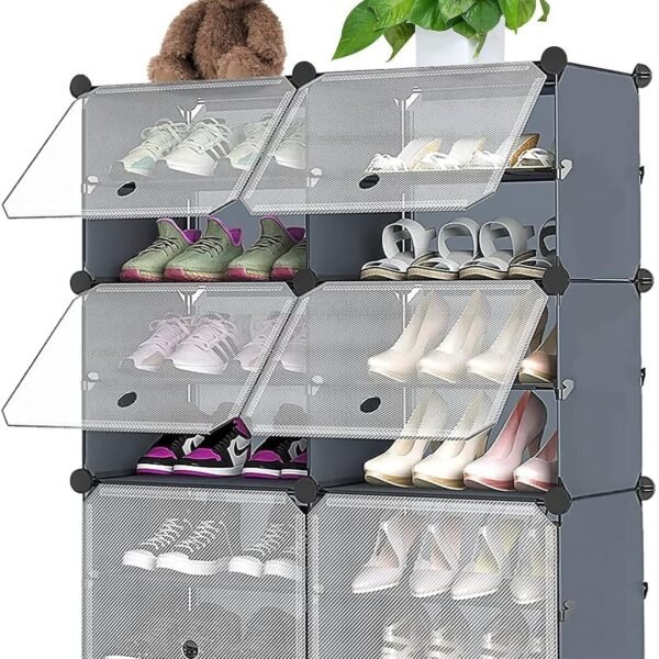 Shoe Rack Plastic for Home- Slipper Stand, Chappal Stand, Professional Multipurpose Printed Foldable Standing Comfort Runner Shoe Rack, Utility Shelf (Grey, 12 Shelf 6 Door)