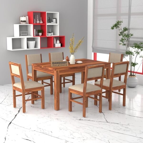 Solid Sheesham Wood 6 Seater Dining Table Set | Six Seater Dinner Table with 6 Cushions Chairs | Dinning Table Set 6 Seater for Living Room | Wooden Table & Chair Set | Honey Finish