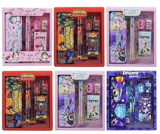 THE VOILA COMPANY Stationary kit for Kids | Set of Pencil Box,Pencils,Crayons,Scale,Sharpener,Eraser | Stationary Set | Birthday Return Gifts for Kids | School Supplies Kit | Cartoon Theme- Pack of 6