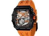 TSAR BOMBA Men's Automatic Watch Tonneau Luxury Skeleton Watches for Men Mechanical 50M Waterproof Analogue Watches Mens Unique Cool Silver Square Big Face Dial Wristwatch with Silicone Strap Band