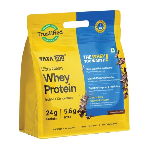 Tata 1mg Ultra Clean Whey Protein Isolate + Concentrate - Hazelnut Chocolate 1kg | 24g Protein, 5.6g BCAA & 30B CFU Probiotics-28 Sachets