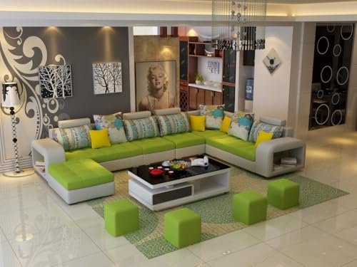 Torque Wood - Allister U Shape 12 Seater Sofa Set for Living Room (Left Side, Light Green & Grey) | U Shaped Sofa Couch with 4 Puffy for Hall Guest Room | 3 Years Warranty