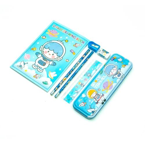 Toy Imagine™ Cute 8-Piece Stationery Kit for Kids – Includes Pencil Box, Pencils, Ruler, Drawing Book, Eraser, Sharpener & Transparent Pouch | School Supplies Set for Girls & Boys (Color May Vary)