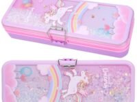 Toyshine Double Compartment Glitter Star Flowing Pencil Box For Kids - Unicorn - Plastic, Pink