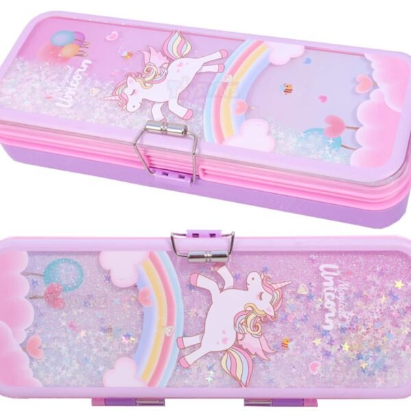 Toyshine Double Compartment Glitter Star Flowing Pencil Box For Kids - Unicorn - Plastic, Pink