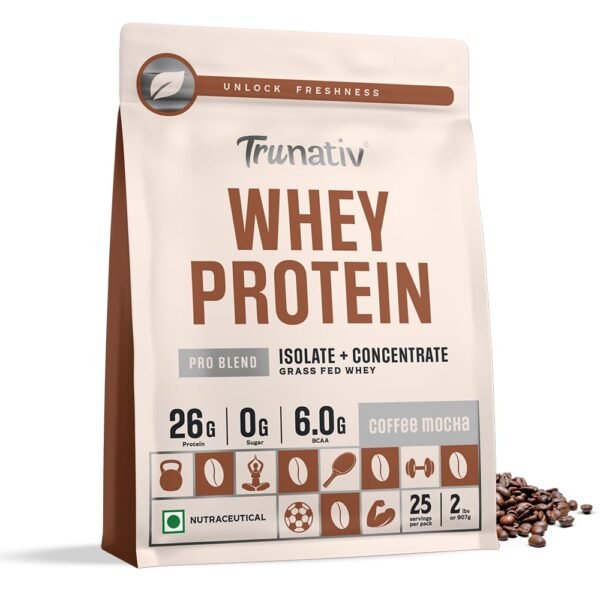Trunativ Pro Blend Whey Protein Powder Isolate & Concentrate | 100% Light & Clean Protein Powder | 26g Protein | 6g BCAA | 12.52g EAA | No added sugar | Coffee Mocha 2lbs (907g)
