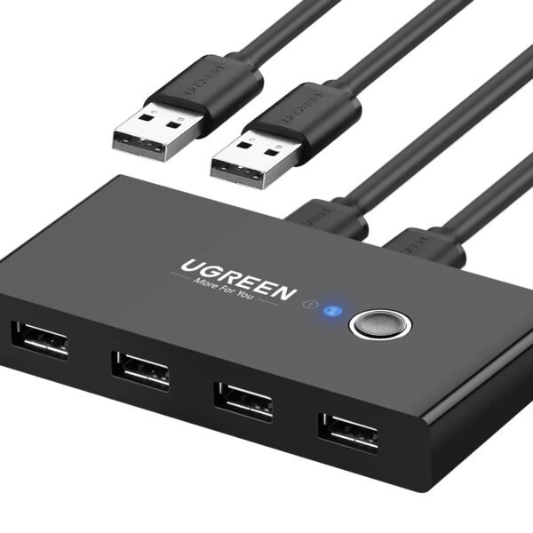 UGREEN USB 2.0 Sharing Switch, 2 Computers 4 Port USB Peripheral Switcher Adapter for PC, Printer, Scanner, Mouse, Keyboard with One-Button Swapping and 2 Pack USB A to USB A Cable