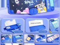 Umadiya Plastic Astronaut Magnetic Multifunctional, Cute School Compass for Kids, Buttons Operated Geometry Pencil Box Kids Include Calculator-Scissor-Ruler-Eraser-Sharpener (Blue Space)