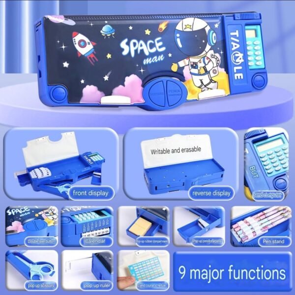 Umadiya Plastic Astronaut Magnetic Multifunctional, Cute School Compass for Kids, Buttons Operated Geometry Pencil Box Kids Include Calculator-Scissor-Ruler-Eraser-Sharpener (Blue Space)