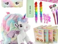 Unicorn School Supply Set for Kids, 15 Pieces with Plush Toy, Pencil Case, Water Bottle, Stationery and Practice Books, Ages 3+