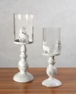 Urban Sajavaat Christmas White Candle Stand Metal Reindeer 2 pcs Set Gifts Vintage Distressed Holder Vintage Decoration Party Home Gift Decoration
