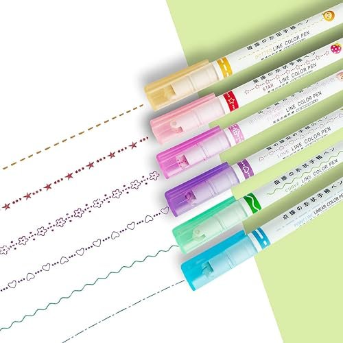 VGRASSP Linear Roller Curve Highlighter Pen Pack Of 6 Pens - Toy Set For Kids And Adults - Includes 6 Different Patterns and 6 Colors - Best For Decorating Scrapbook, Highlighting Text