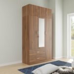 VIKI Wardrobe | Wooden Almirah for Clothes,Door for Bedroom, 3 Door Wardrobe with Drawer, Mirror & Hanging Space (Brussel Walnut - 40D x 120W x 220H) | 1 Year Warranty