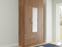 VIKI Wardrobe | Wooden Almirah for Clothes,Door for Bedroom, 3 Door Wardrobe with Drawer, Mirror & Hanging Space (Brussel Walnut - 40D x 120W x 220H) | 1 Year Warranty
